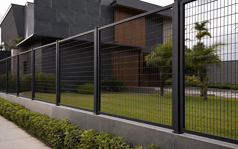 Cerca metálica preta instalada em residência moderna em Joinville