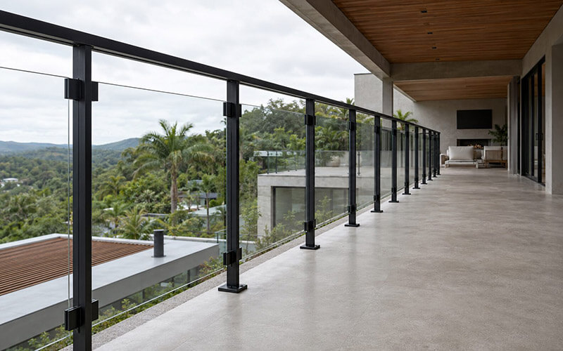 Guarda-corpo metálico preto com painéis de vidro instalado em varanda residencial em Joinville