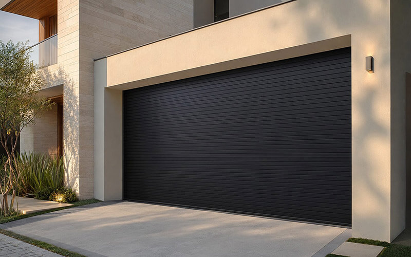 Portão basculante preto instalado em garagem de residência moderna em Joinville