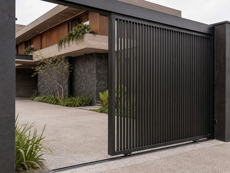 Portão de correr metálico preto com barras verticais instalado em residência moderna em Joinville