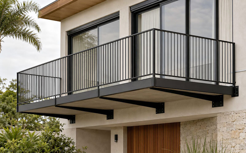 Sacada com estrutura metálica preta e guarda-corpo vertical instalada em residência moderna em Joinville